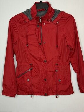 Women’s Red Hooded Utility Jacket with Drawcord Waist